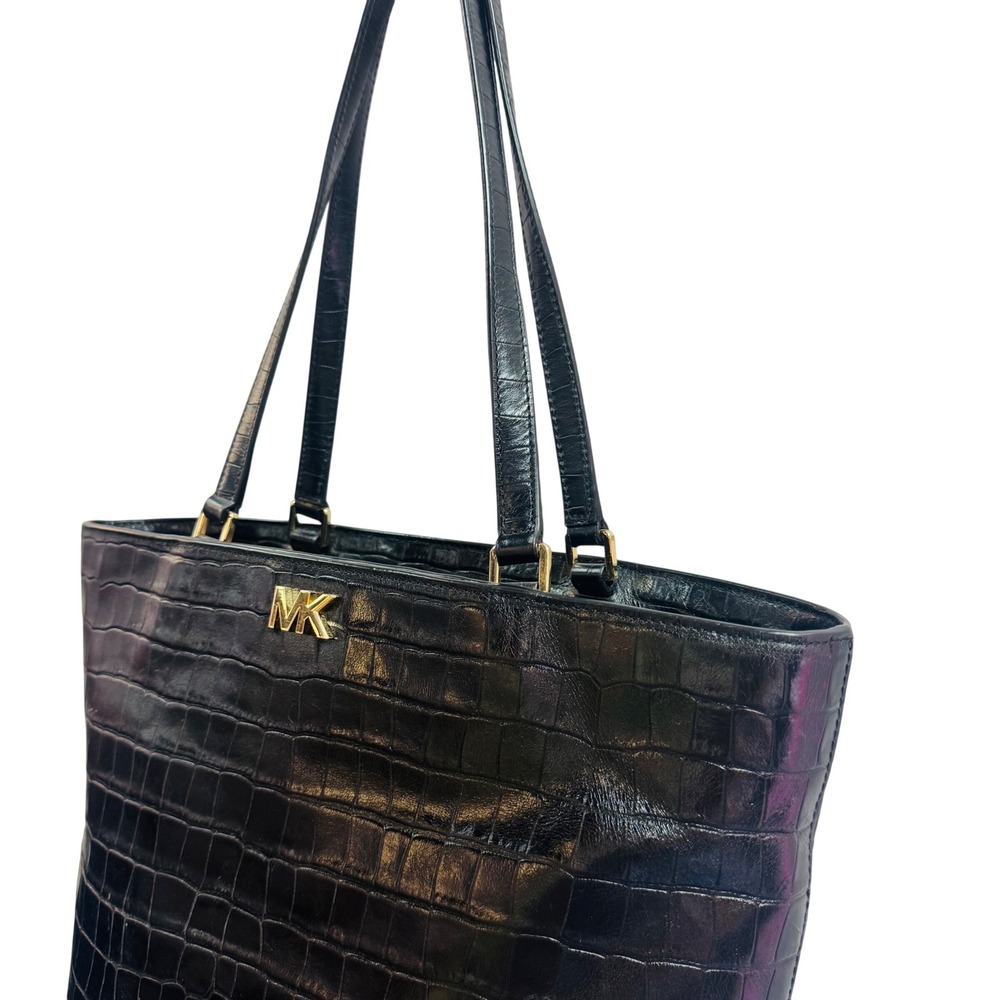 Michael Kors Black Croc Embossed Leather Tote Bag Gold Hardware Top Zip - Picture 3 of 11